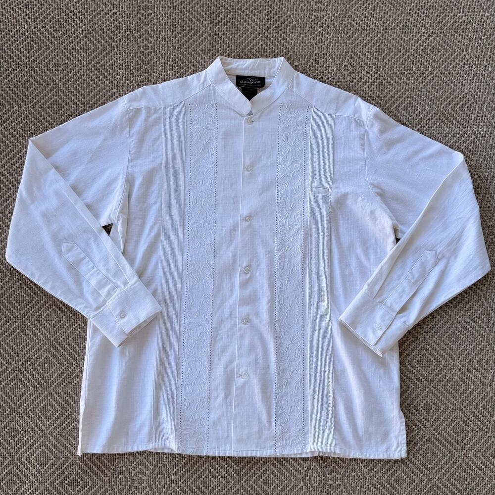 Gongora Shirt Mens 42 White Linen Embroidered Guayabera Button Up Long Sleeve